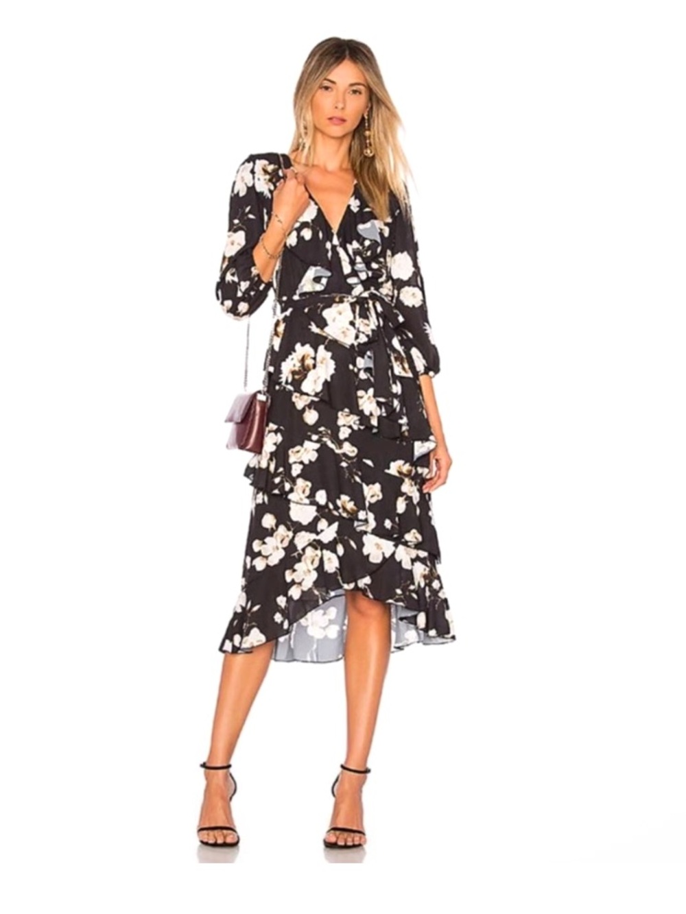Alice + Olivia Kye Ruffle Floral Print Crepe Midi Dress